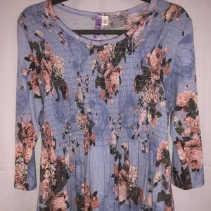 Blue Floral 3/4 Sleeve Smocked Fit & Flare Top